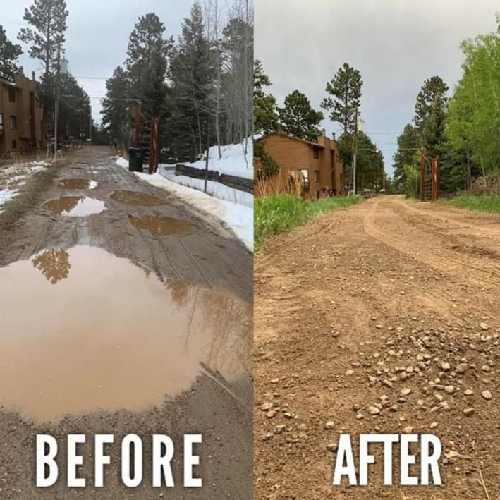 Before and after of a rutted, puddled mountain road that was graded smooth